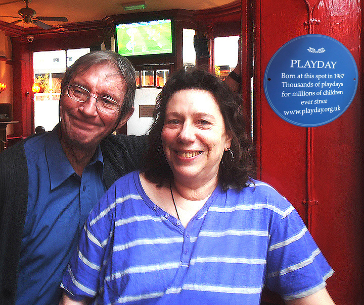 Mick Conway and Kim Holden at the plaque commemorating the birth of Playday